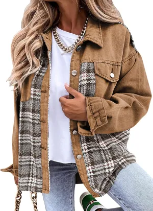 Women's Oversized Denim Shacket Jacket Plaid Long Sleeve Shirt Boyfriend Button Down Blouses Tops
