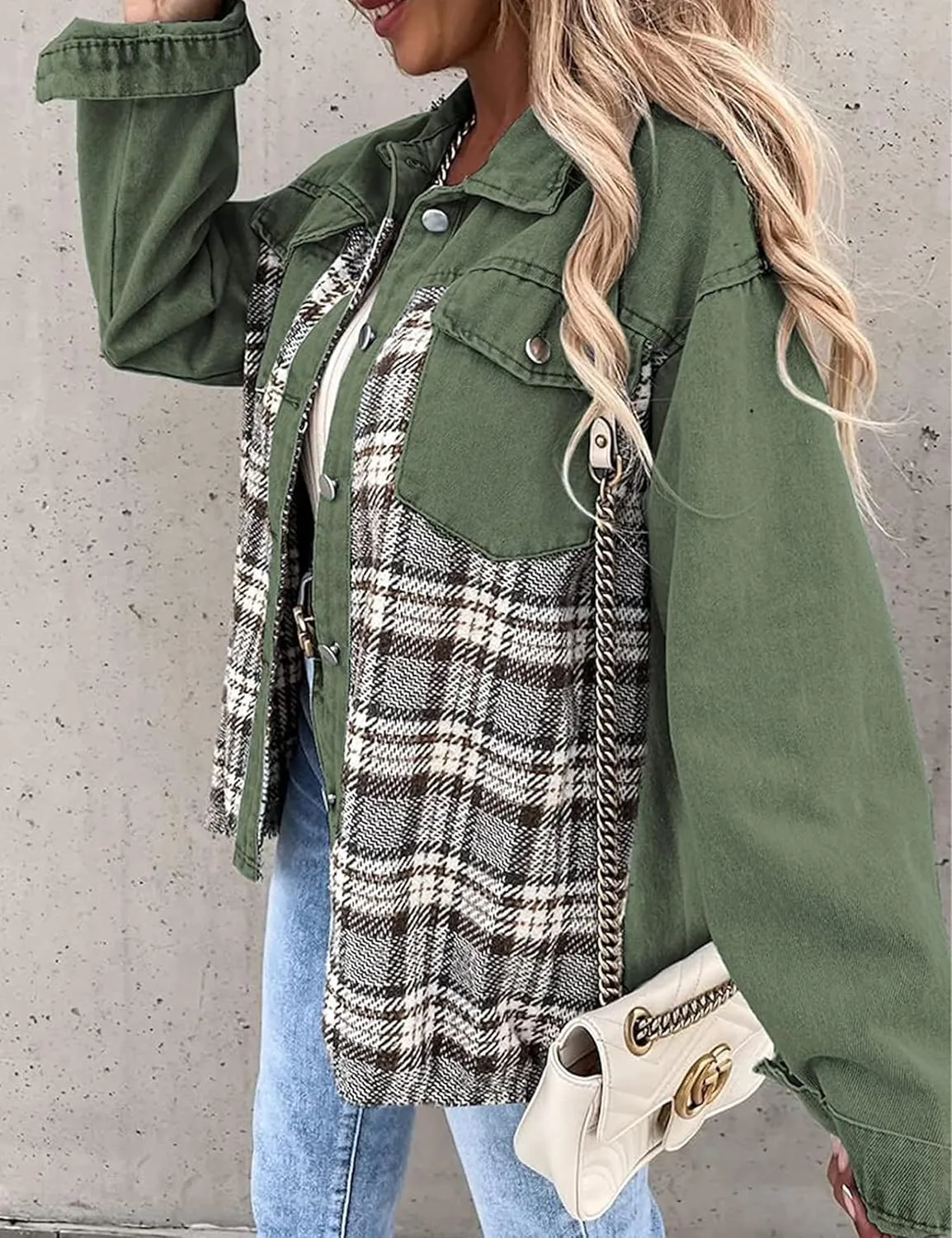 Women's Oversized Denim Shacket Jacket Plaid Long Sleeve Shirt Boyfriend Button Down Blouses Tops