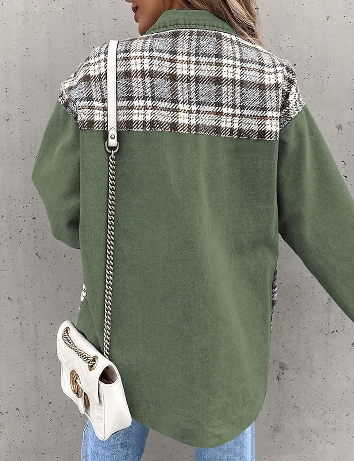Women's Oversized Denim Shacket Jacket Plaid Long Sleeve Shirt Boyfriend Button Down Blouses Tops