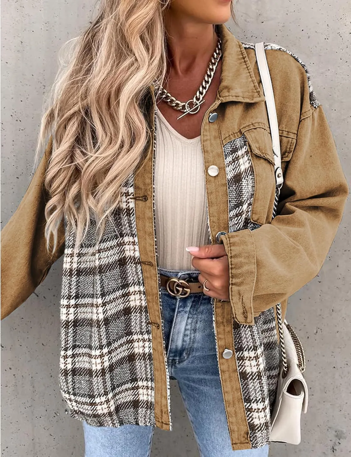 Women's Oversized Denim Shacket Jacket Plaid Long Sleeve Shirt Boyfriend Button Down Blouses Tops