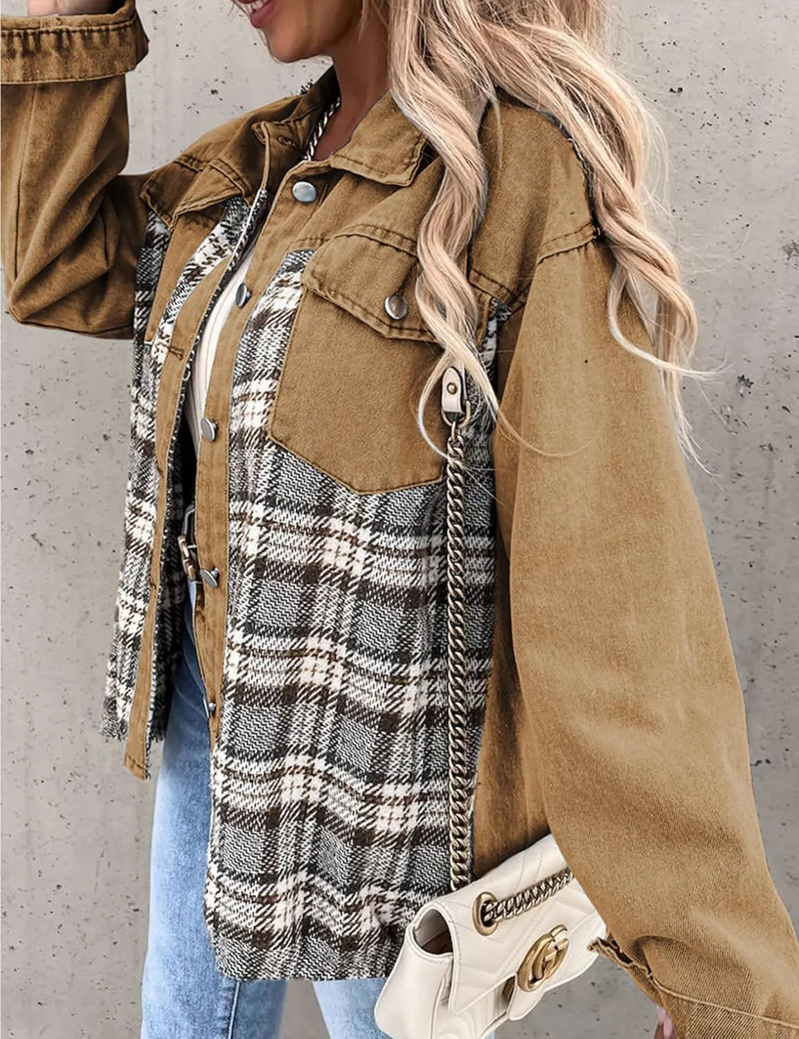 Women's Oversized Denim Shacket Jacket Plaid Long Sleeve Shirt Boyfriend Button Down Blouses Tops