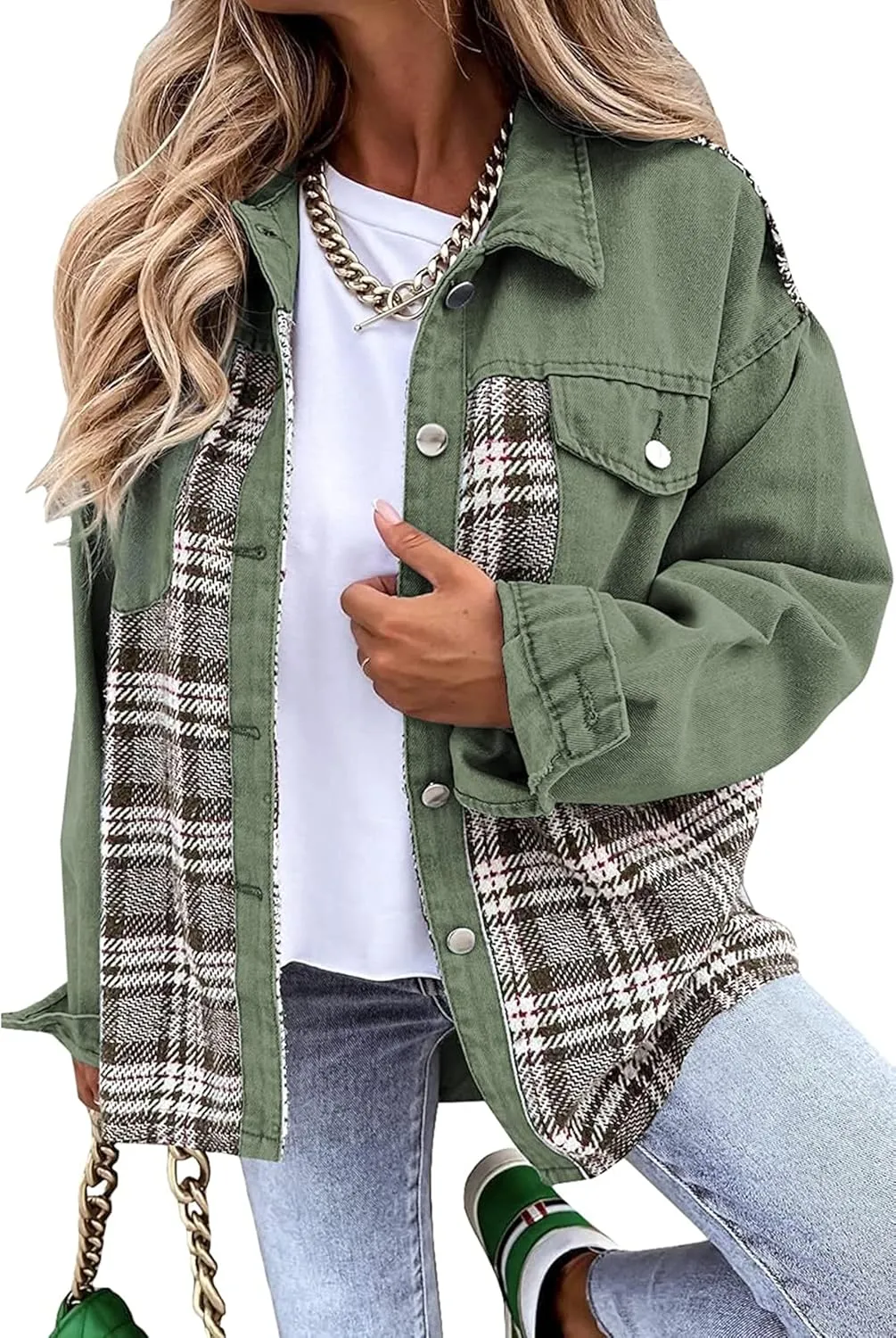 Women's Oversized Denim Shacket Jacket Plaid Long Sleeve Shirt Boyfriend Button Down Blouses Tops