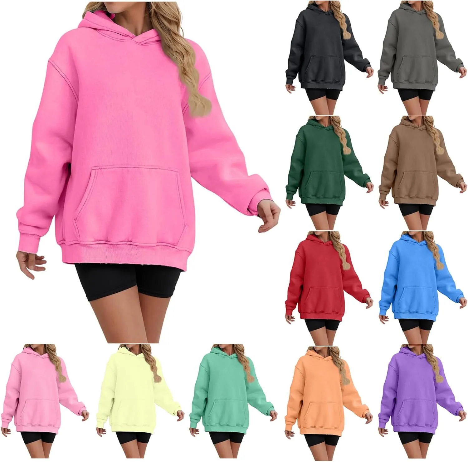 Womens Oversized Hoodies Causal Long Sleeve Fleece Hooded Sweatshirt Comfy Solid Color Pullover Tops Fall Outfits