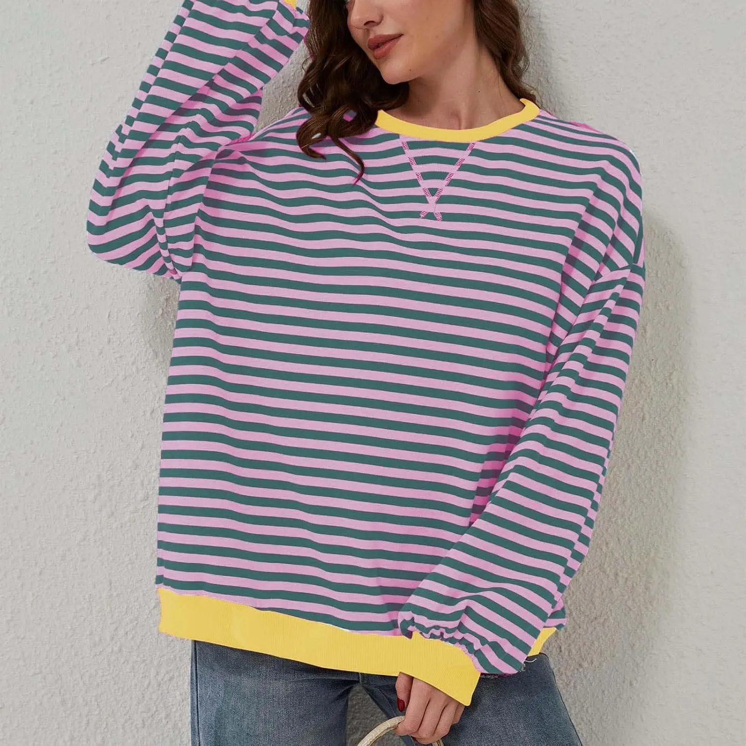 Womens Oversized Sweatshirts Striped Color Block Crewneck Long Sleeve Loose Fit Pullerover T Shirts Autumn Casual Tops