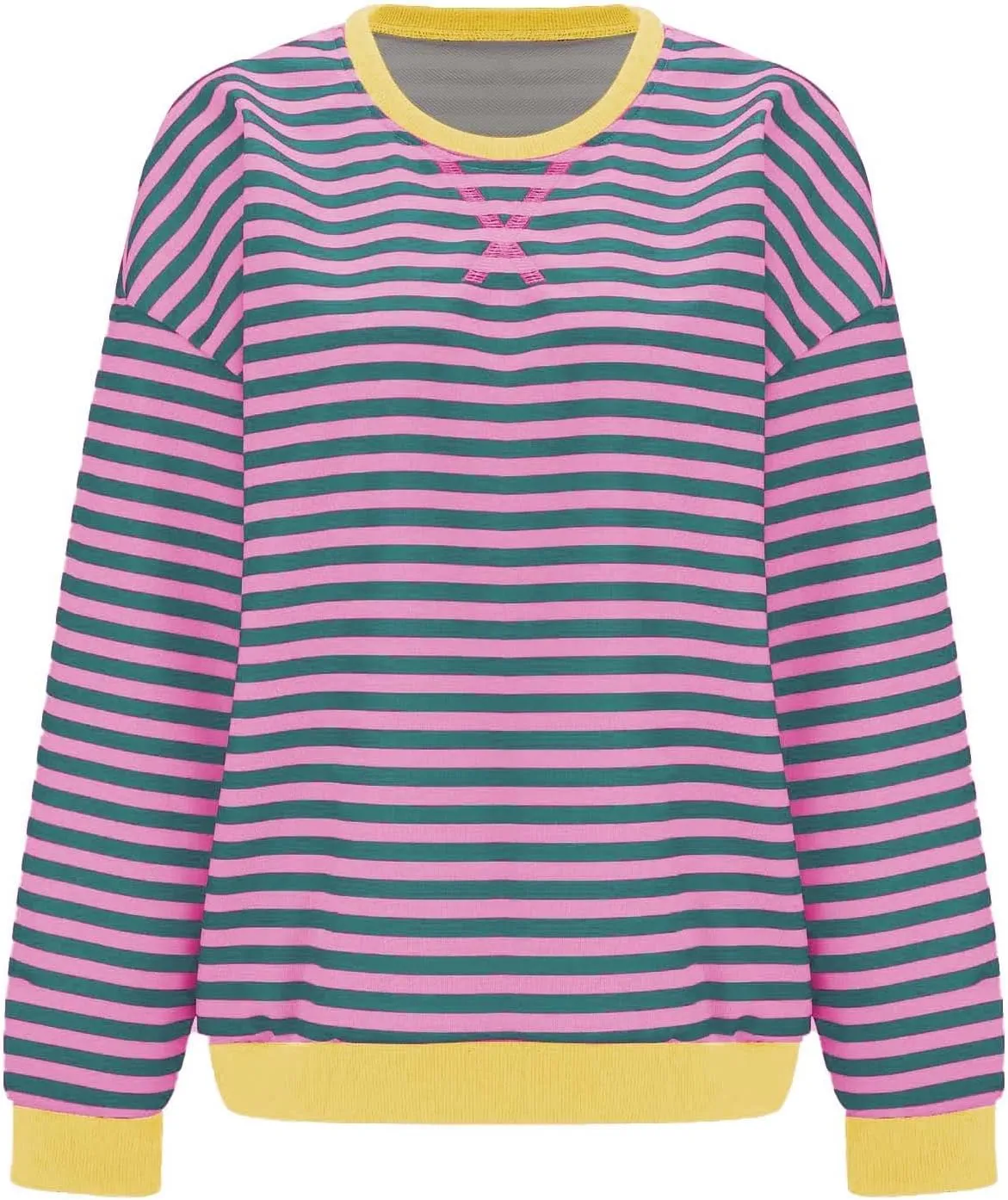 Womens Oversized Sweatshirts Striped Color Block Crewneck Long Sleeve Loose Fit Pullerover T Shirts Autumn Casual Tops