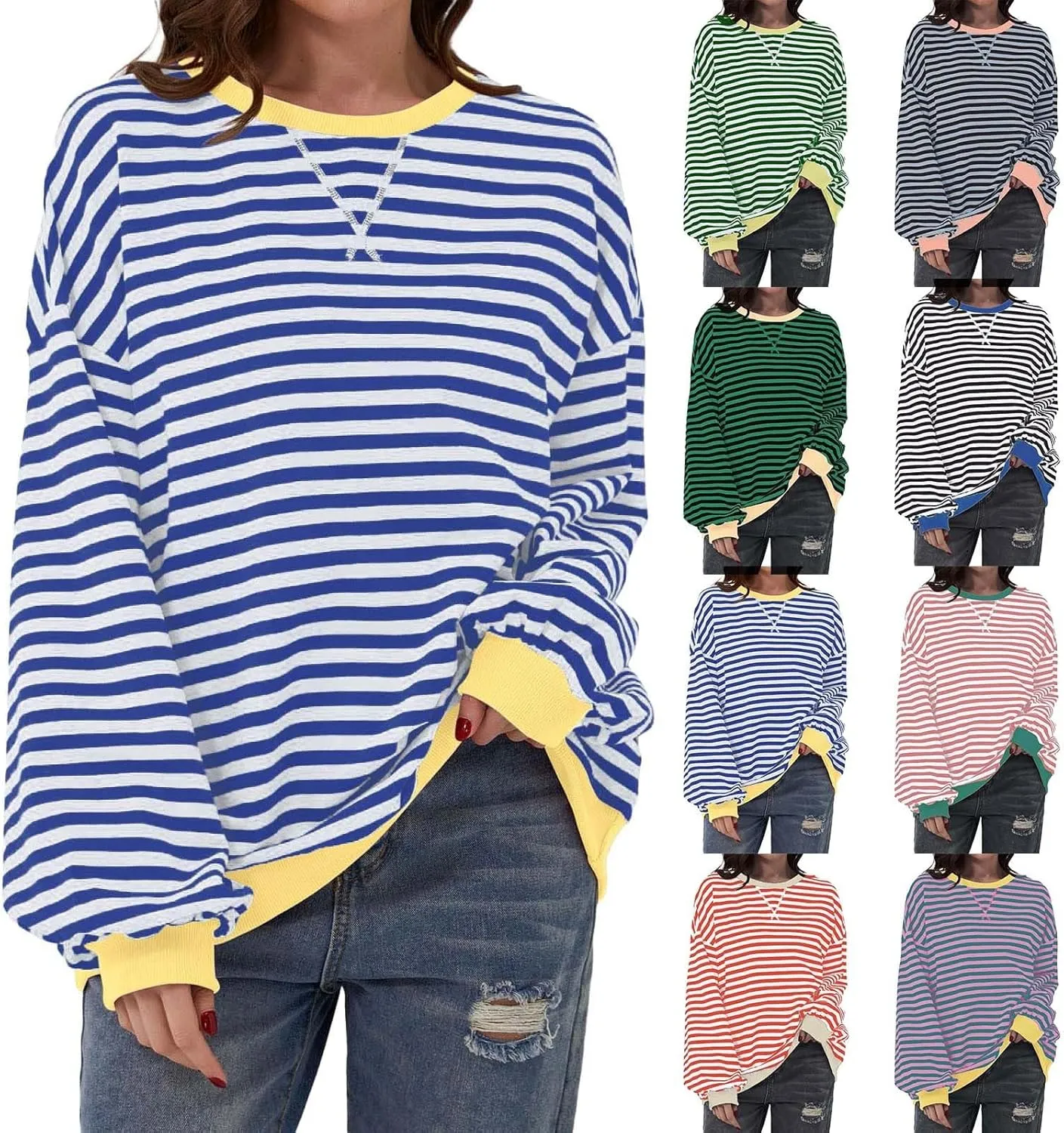 Womens Oversized Sweatshirts Striped Color Block Crewneck Long Sleeve Loose Fit Pullerover T Shirts Autumn Casual Tops