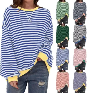 Womens Oversized Sweatshirts Striped Color Block Crewneck Long Sleeve Loose Fit Pullerover T Shirts Autumn Casual Tops