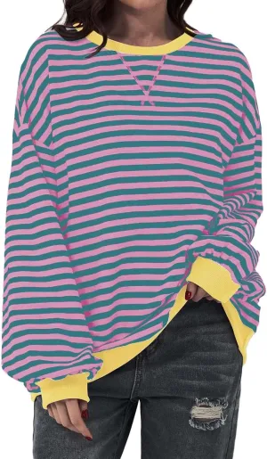 Womens Oversized Sweatshirts Striped Color Block Crewneck Long Sleeve Loose Fit Pullerover T Shirts Autumn Casual Tops