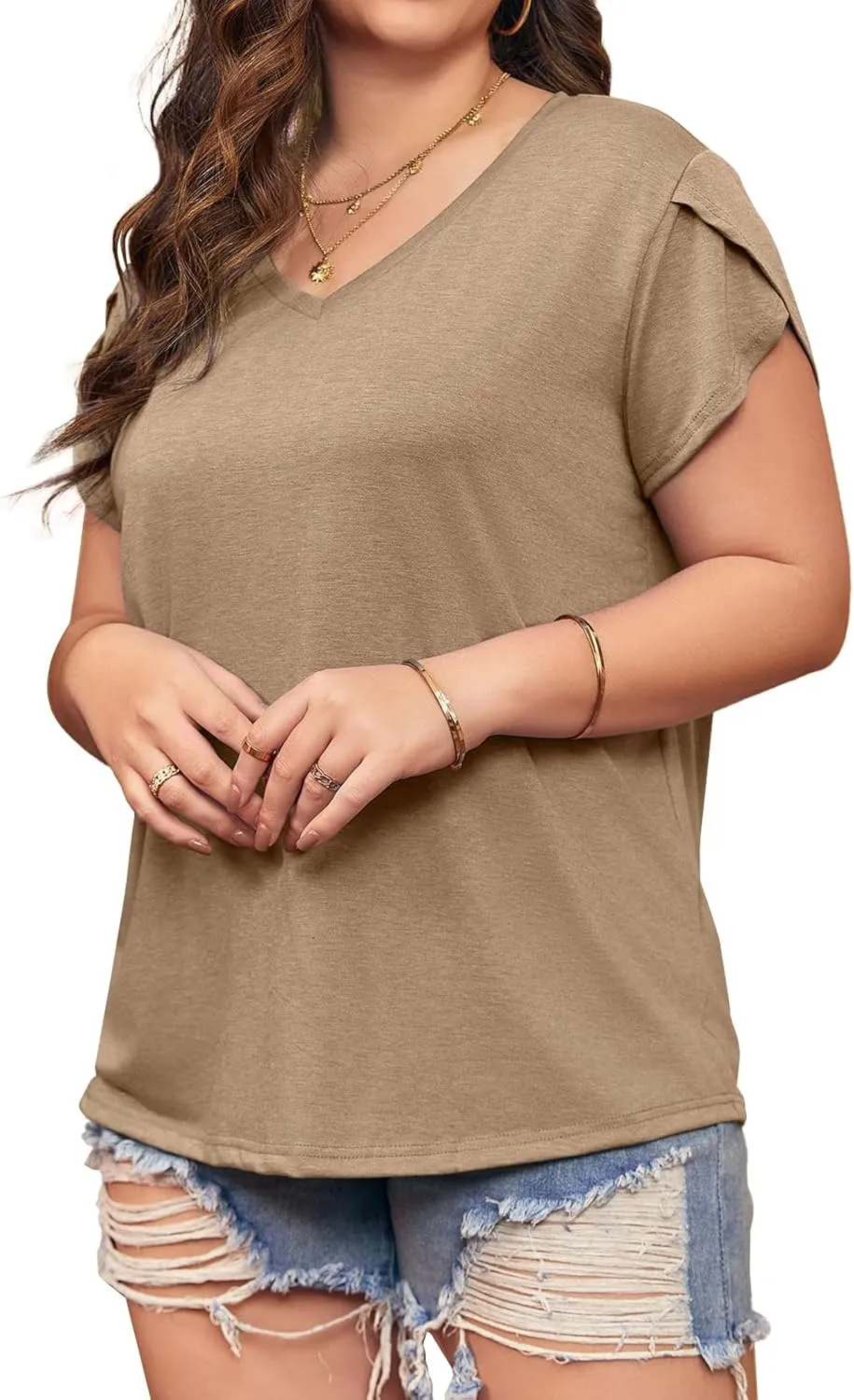 Womens Plus Size Tops V Neck T Shirts Casual Loose Petal Sleeve Tee Shirts