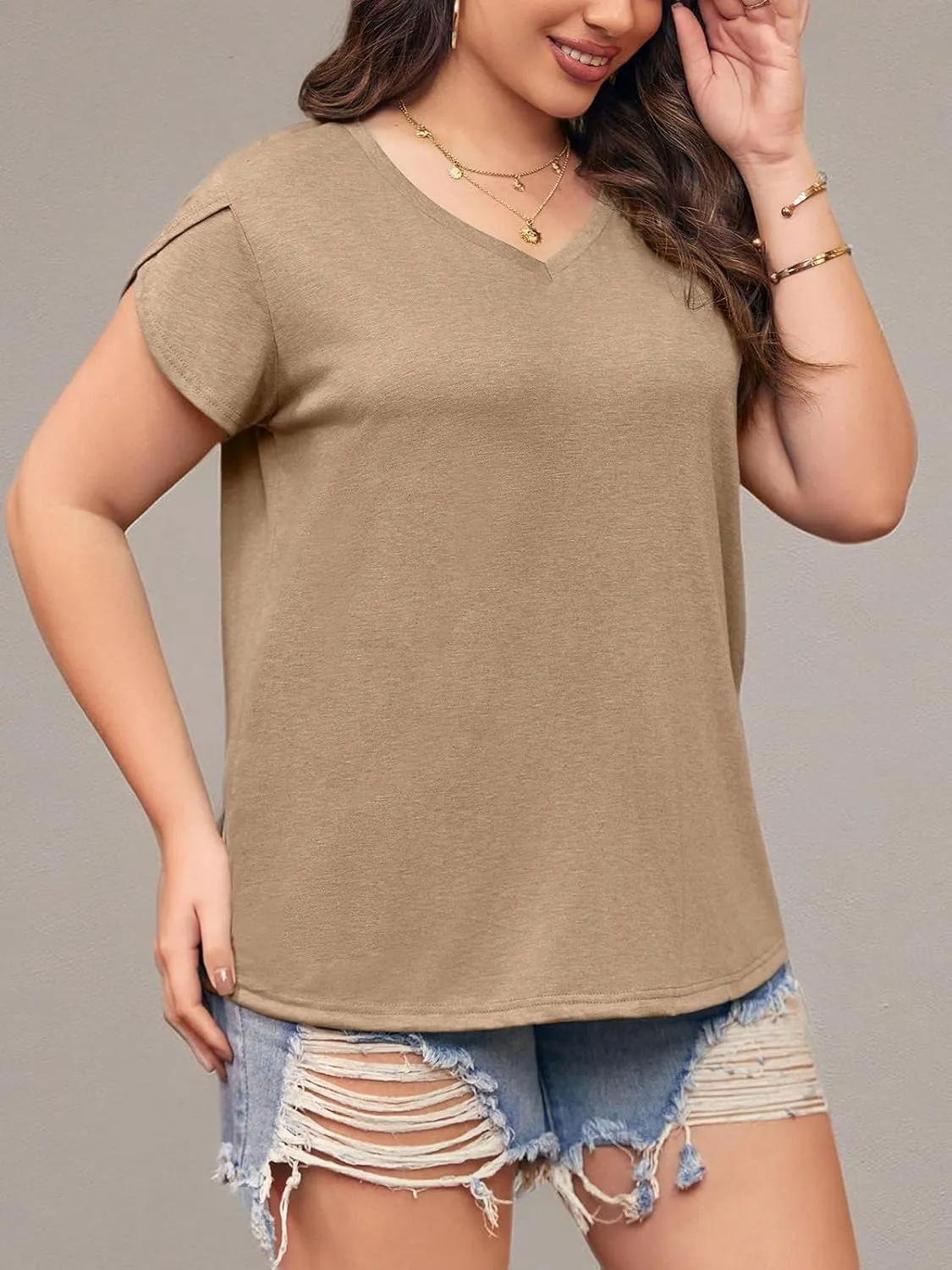 Womens Plus Size Tops V Neck T Shirts Casual Loose Petal Sleeve Tee Shirts