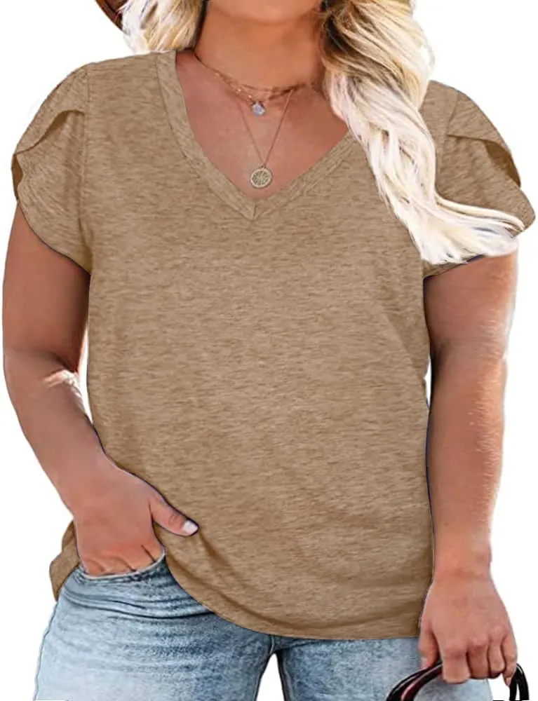 Womens Plus Size Tops V Neck T Shirts Casual Loose Petal Sleeve Tee Shirts