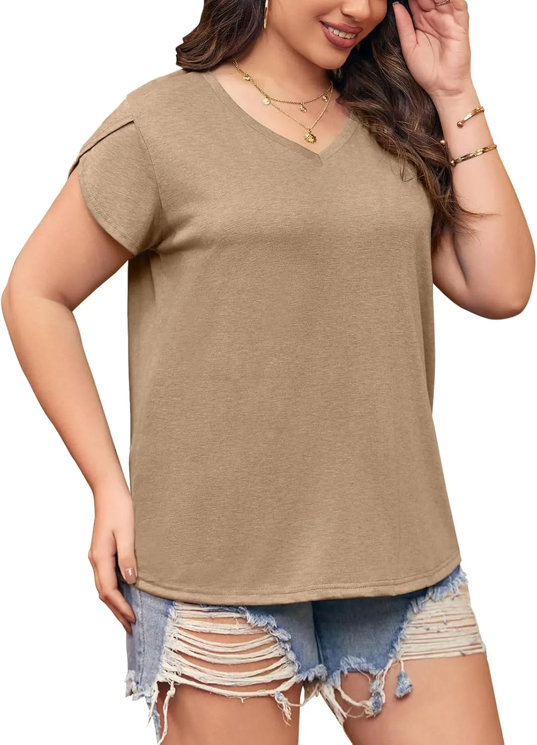 Womens Plus Size Tops V Neck T Shirts Casual Loose Petal Sleeve Tee Shirts
