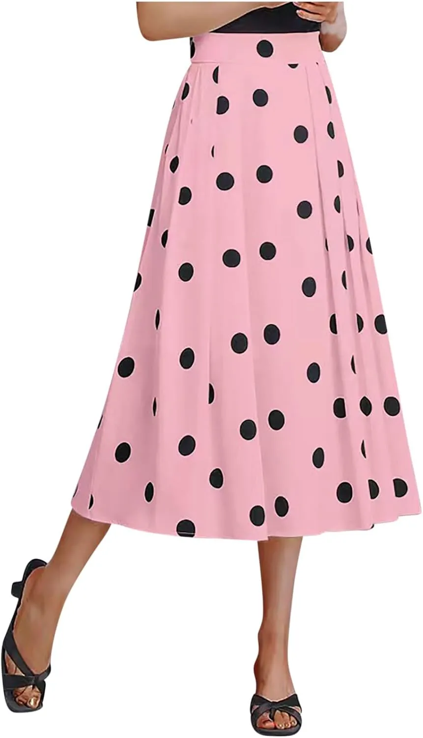 Women's Polka Dots Long Skirt, Elastic High Waisted Skirts Pleated Loose A-Line Business Casual Skirts with Pockets
