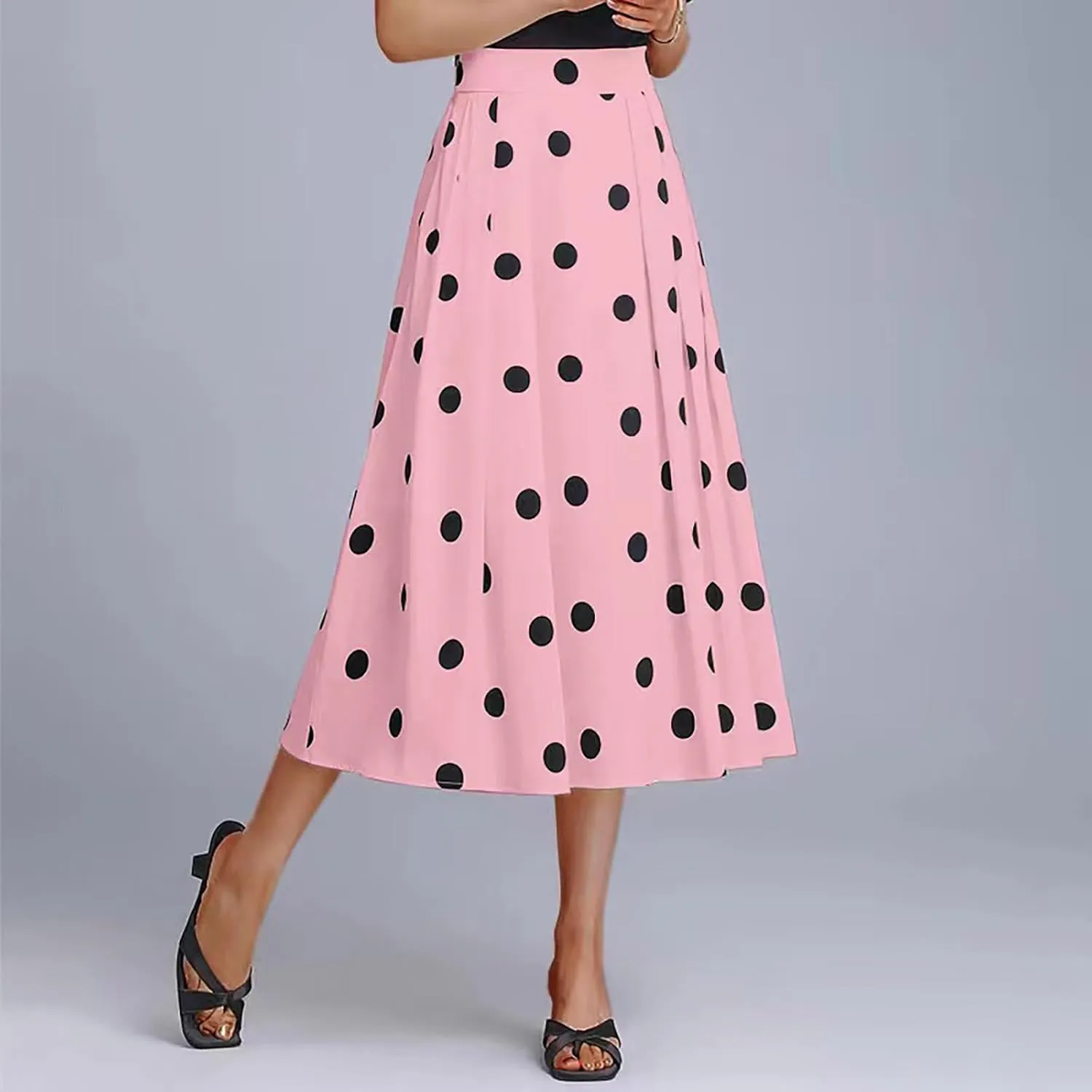 Women's Polka Dots Long Skirt, Elastic High Waisted Skirts Pleated Loose A-Line Business Casual Skirts with Pockets