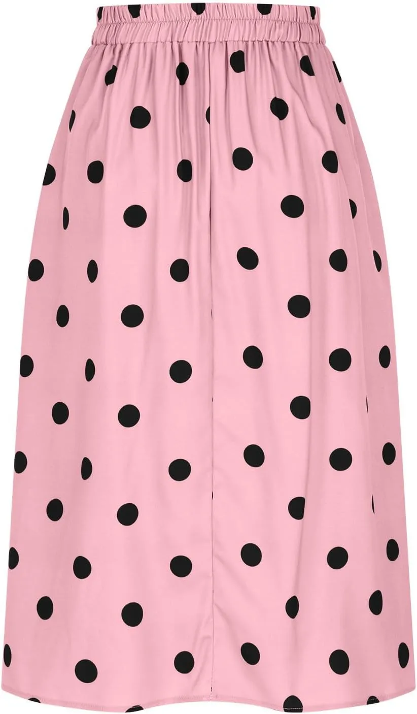 Women's Polka Dots Long Skirt, Elastic High Waisted Skirts Pleated Loose A-Line Business Casual Skirts with Pockets