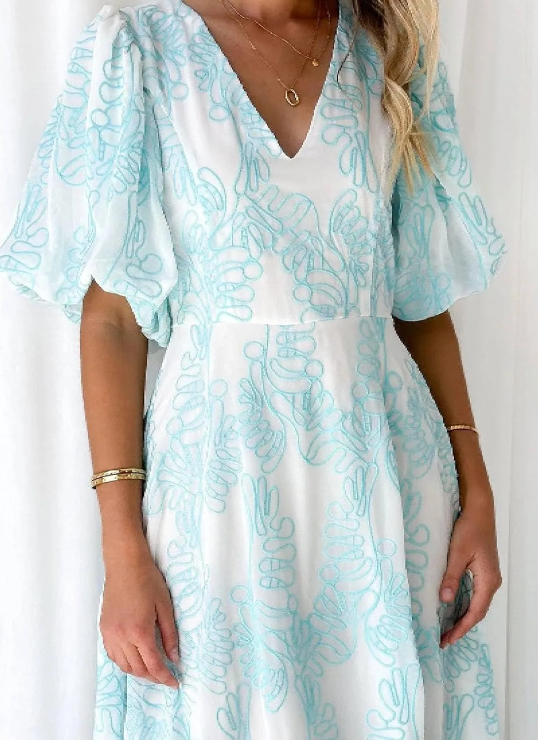 Womens Print V Neck Puff Sleeve Maxi Dress Swing A Line High Waist Ruffle Dress Semi Casual Date Sundress