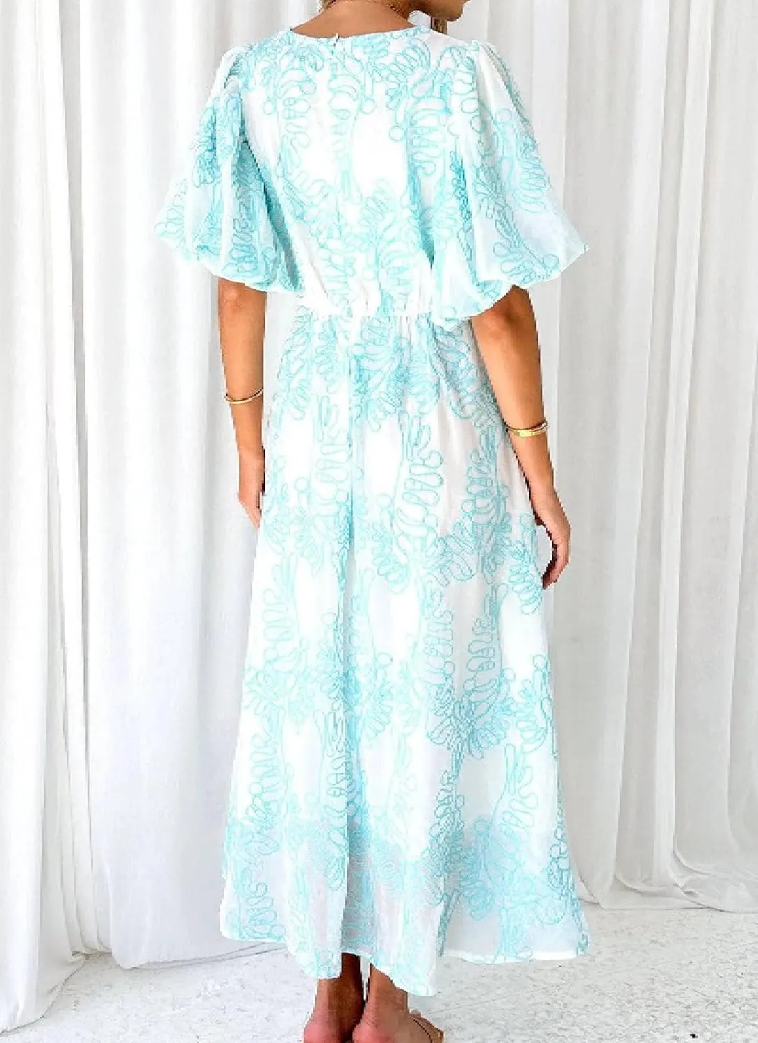 Womens Print V Neck Puff Sleeve Maxi Dress Swing A Line High Waist Ruffle Dress Semi Casual Date Sundress