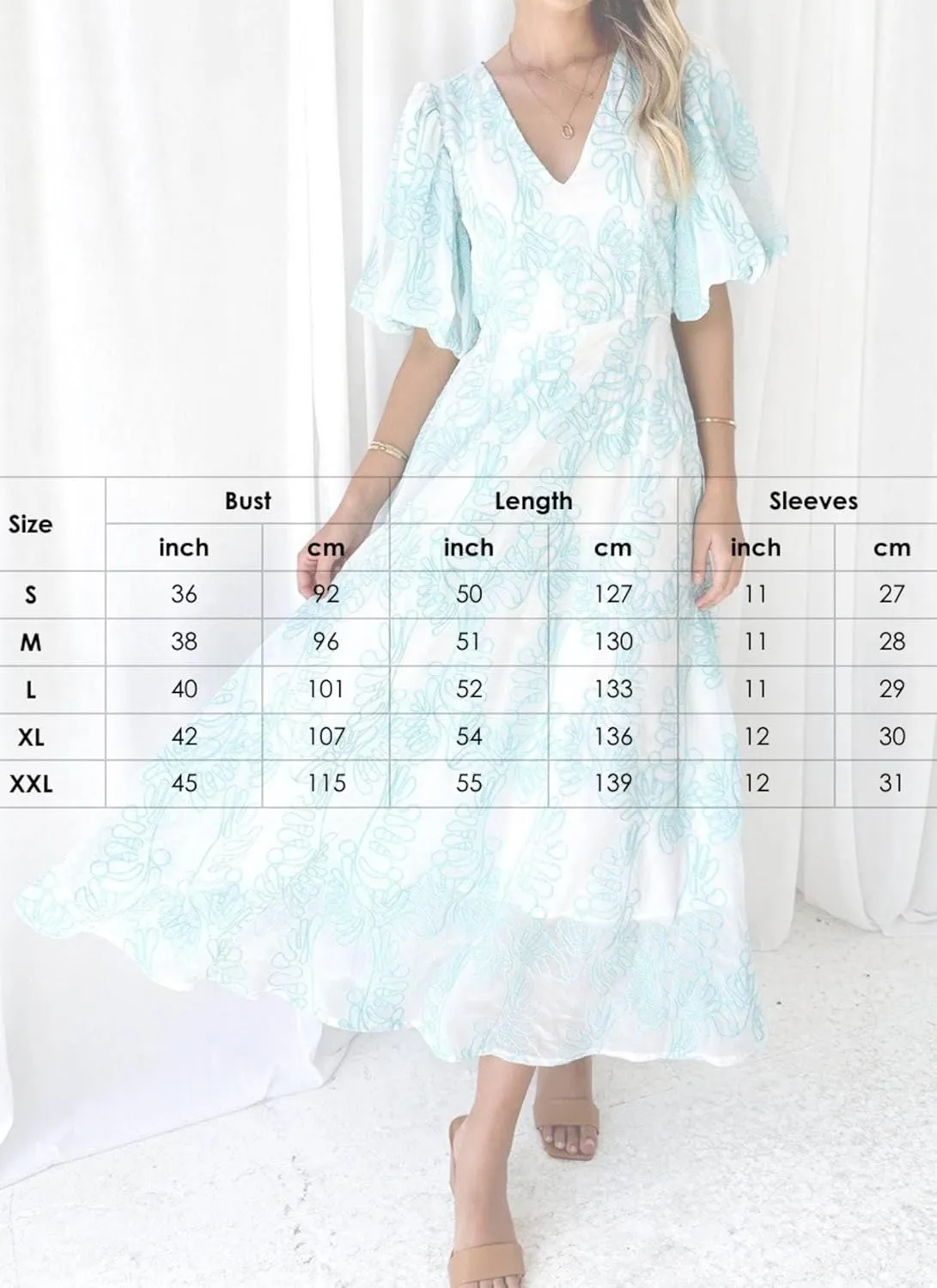 Womens Print V Neck Puff Sleeve Maxi Dress Swing A Line High Waist Ruffle Dress Semi Casual Date Sundress