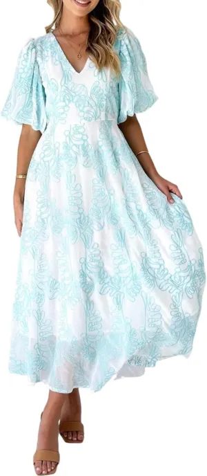 Womens Print V Neck Puff Sleeve Maxi Dress Swing A Line High Waist Ruffle Dress Semi Casual Date Sundress