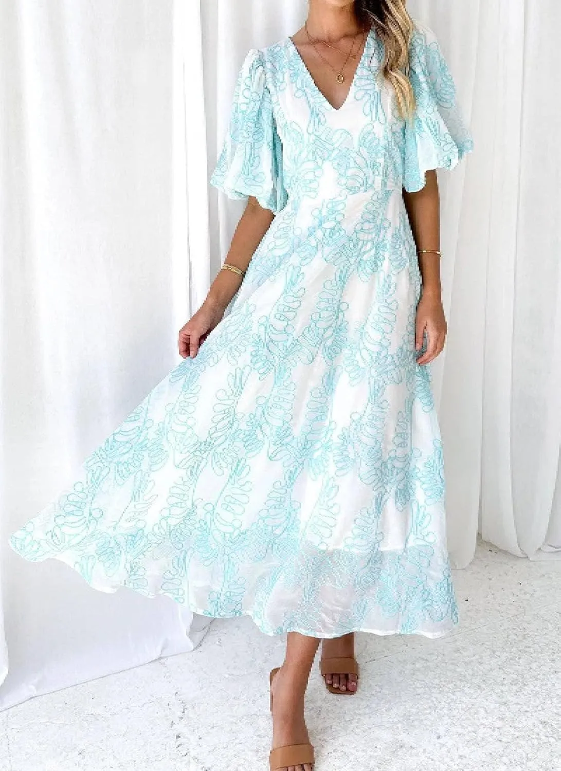 Womens Print V Neck Puff Sleeve Maxi Dress Swing A Line High Waist Ruffle Dress Semi Casual Date Sundress