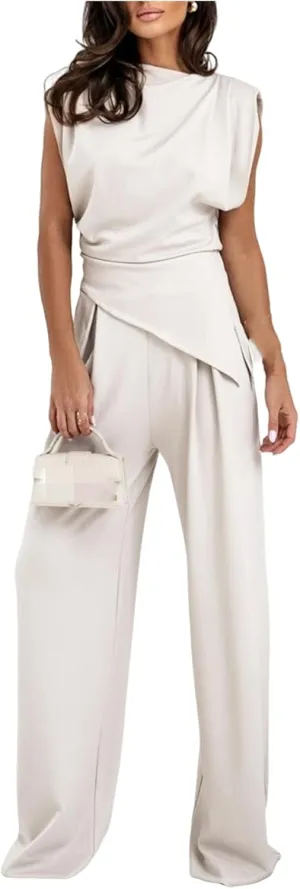 Women's Round Neck Pleated Sleeveless Casual Suit, Solid Color Irregular Top and High Waist Wide Leg Trousers Set