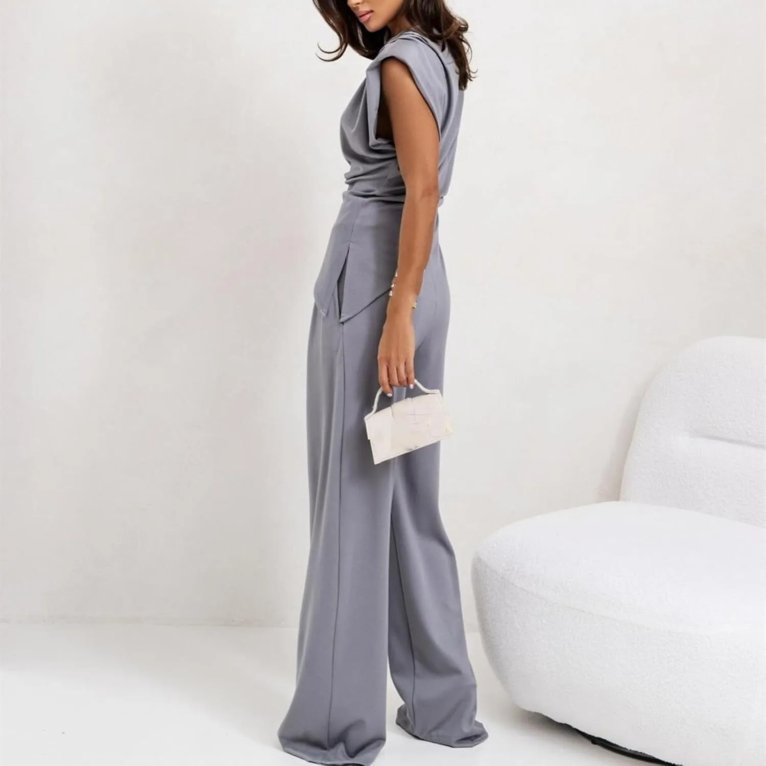 Women's Round Neck Pleated Sleeveless Casual Suit, Solid Color Irregular Top and High Waist Wide Leg Trousers Set
