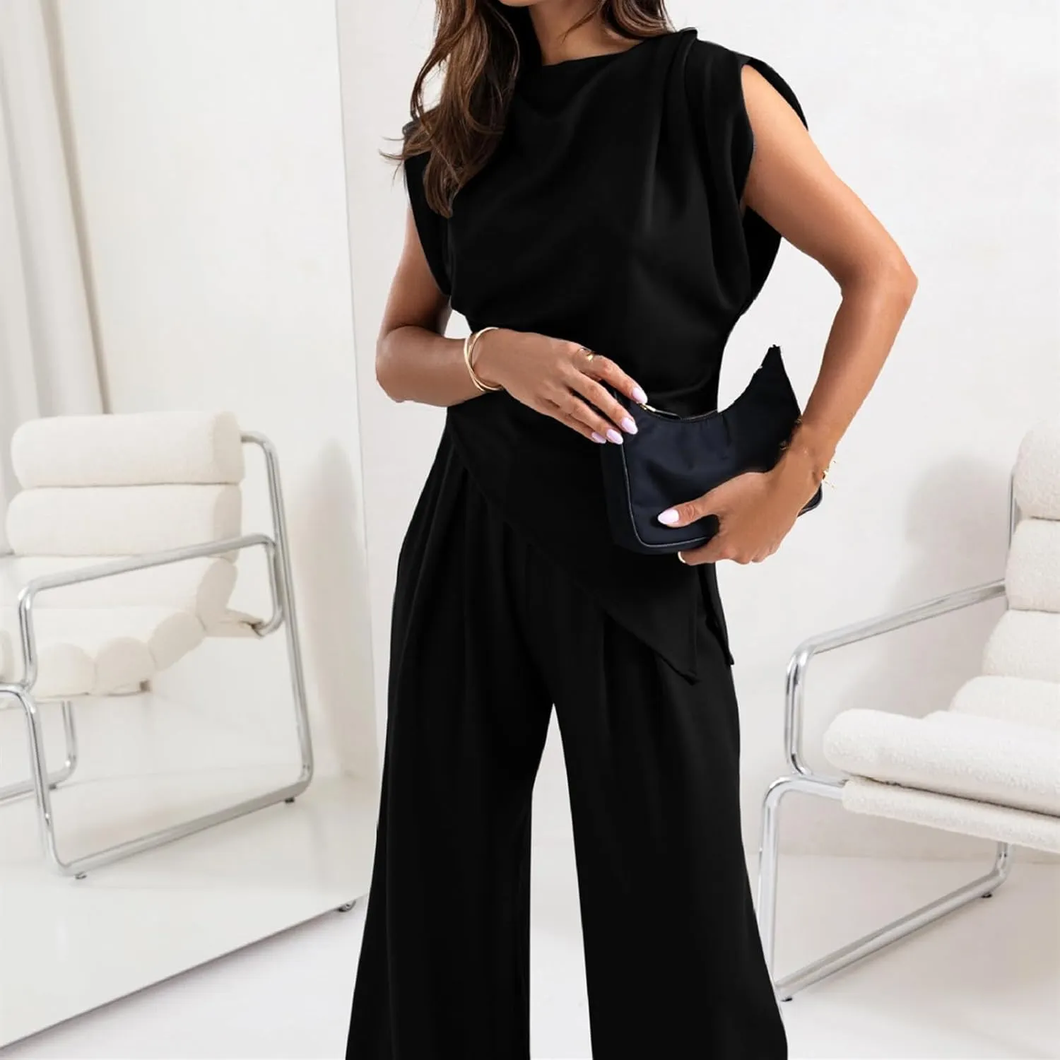 Women's Round Neck Pleated Sleeveless Casual Suit, Solid Color Irregular Top and High Waist Wide Leg Trousers Set