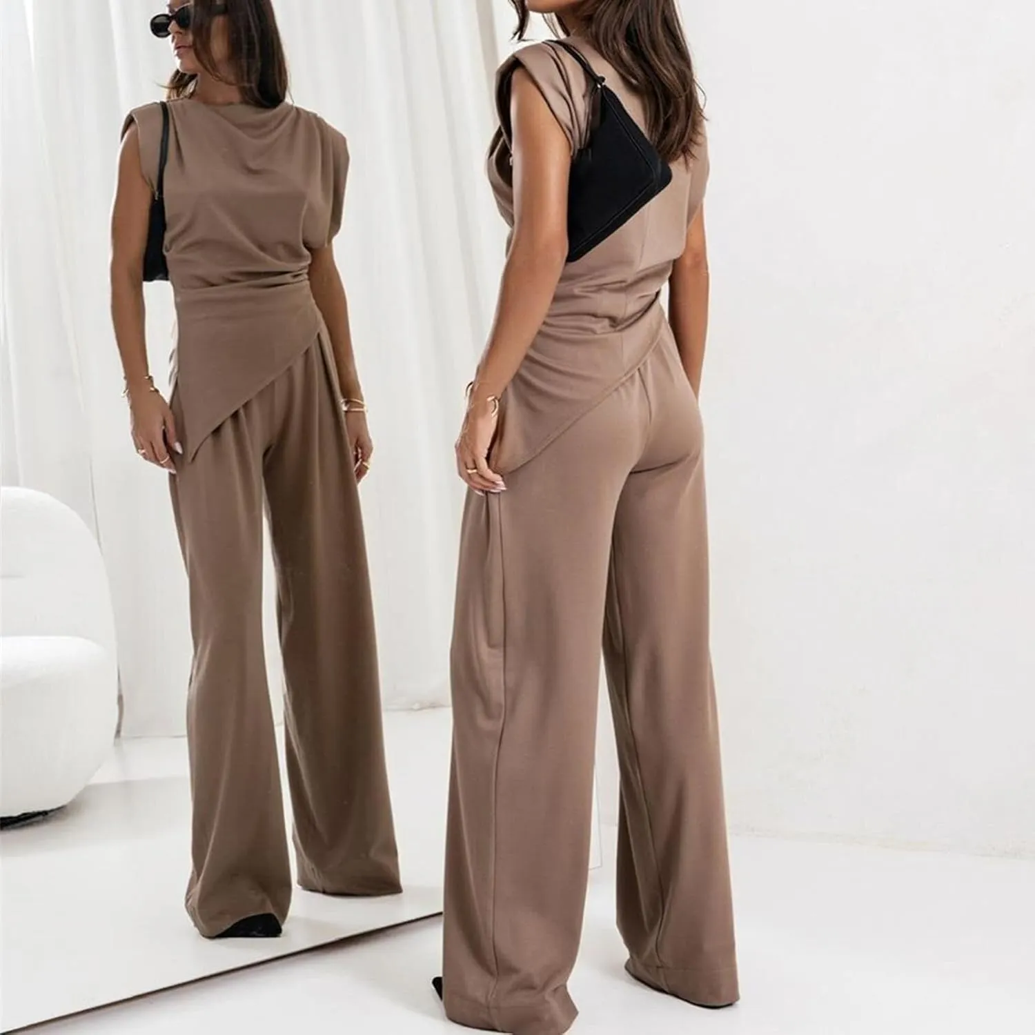 Women's Round Neck Pleated Sleeveless Casual Suit, Solid Color Irregular Top and High Waist Wide Leg Trousers Set