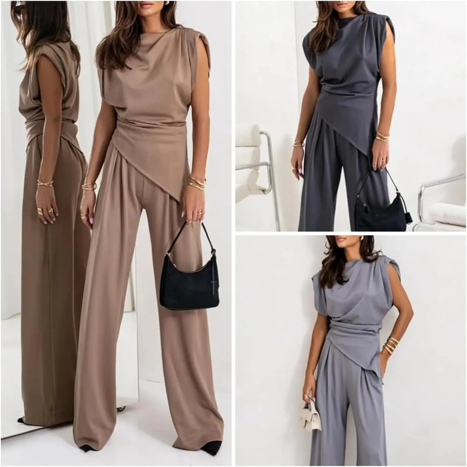 Women's Round Neck Pleated Sleeveless Casual Suit, Solid Color Irregular Top and High Waist Wide Leg Trousers Set