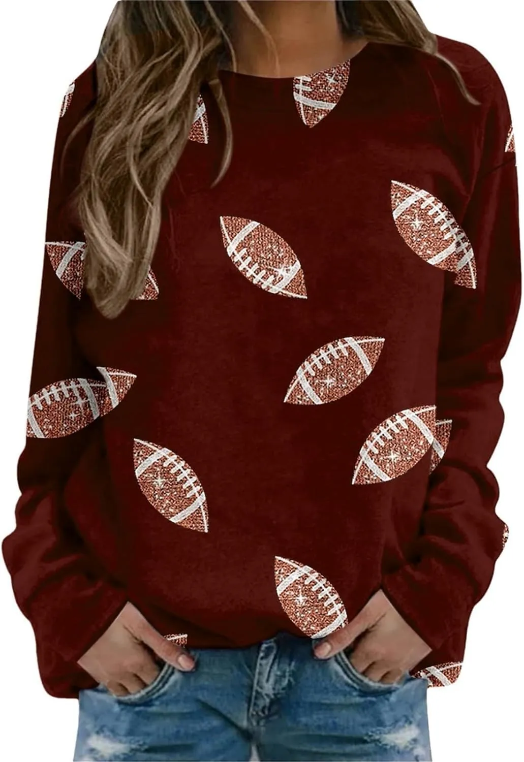 Womens Rugby Print Sweatshirt Casual Loose Crewneck Long Sleeve Drop Shoulder Pullovers Regular Fit Loose Active Tops