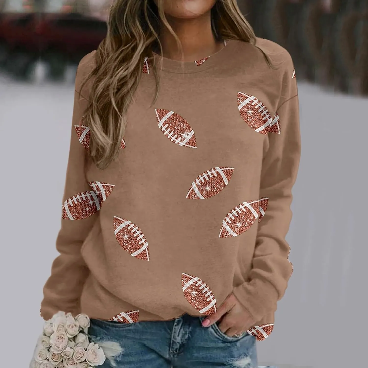 Womens Rugby Print Sweatshirt Casual Loose Crewneck Long Sleeve Drop Shoulder Pullovers Regular Fit Loose Active Tops