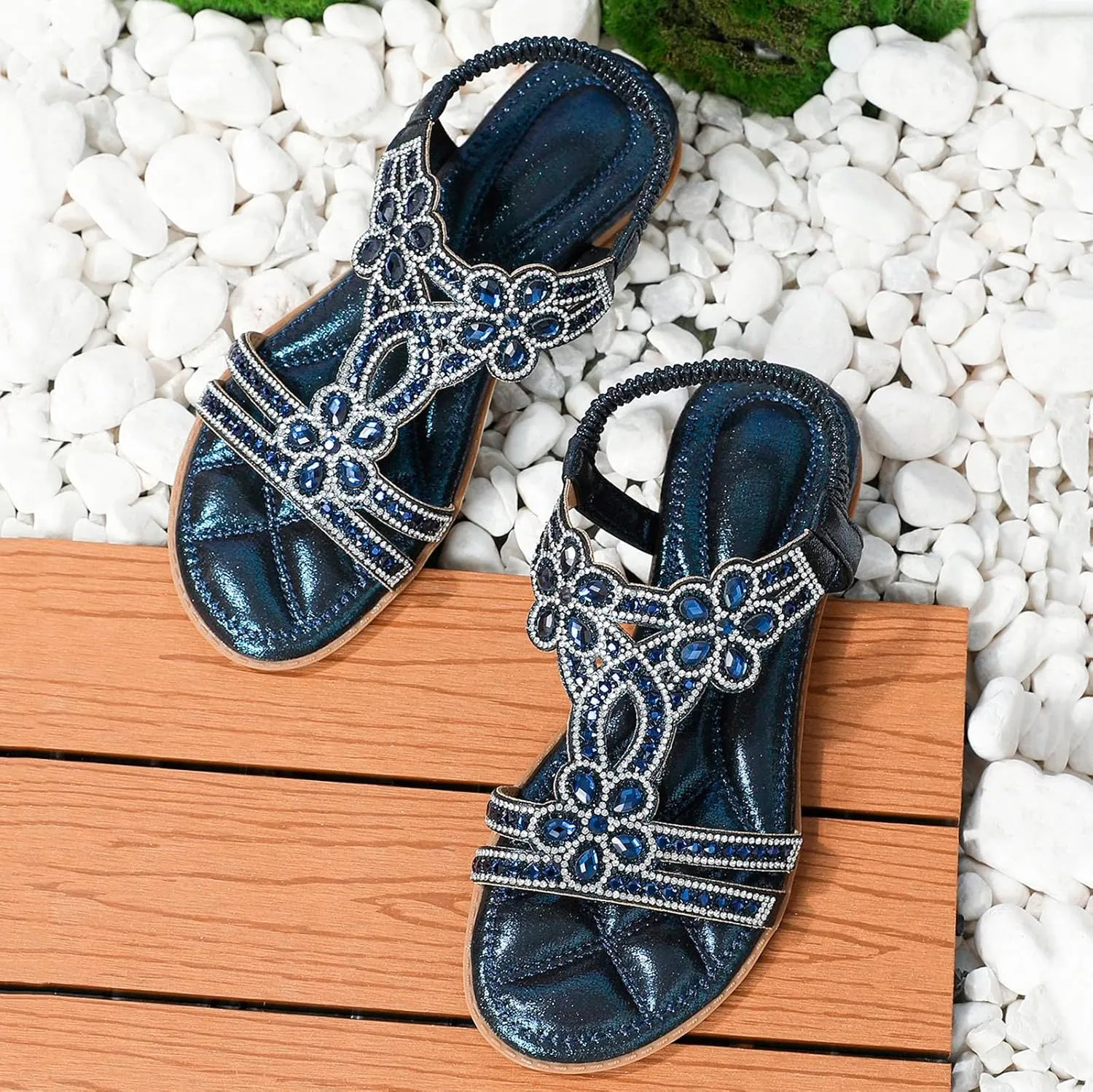 Women's Sandals Bohemia Rhinestone Flat Sandals Summer Beach Casual Sandal Dressy Sparkly Wedding Bride Shoes