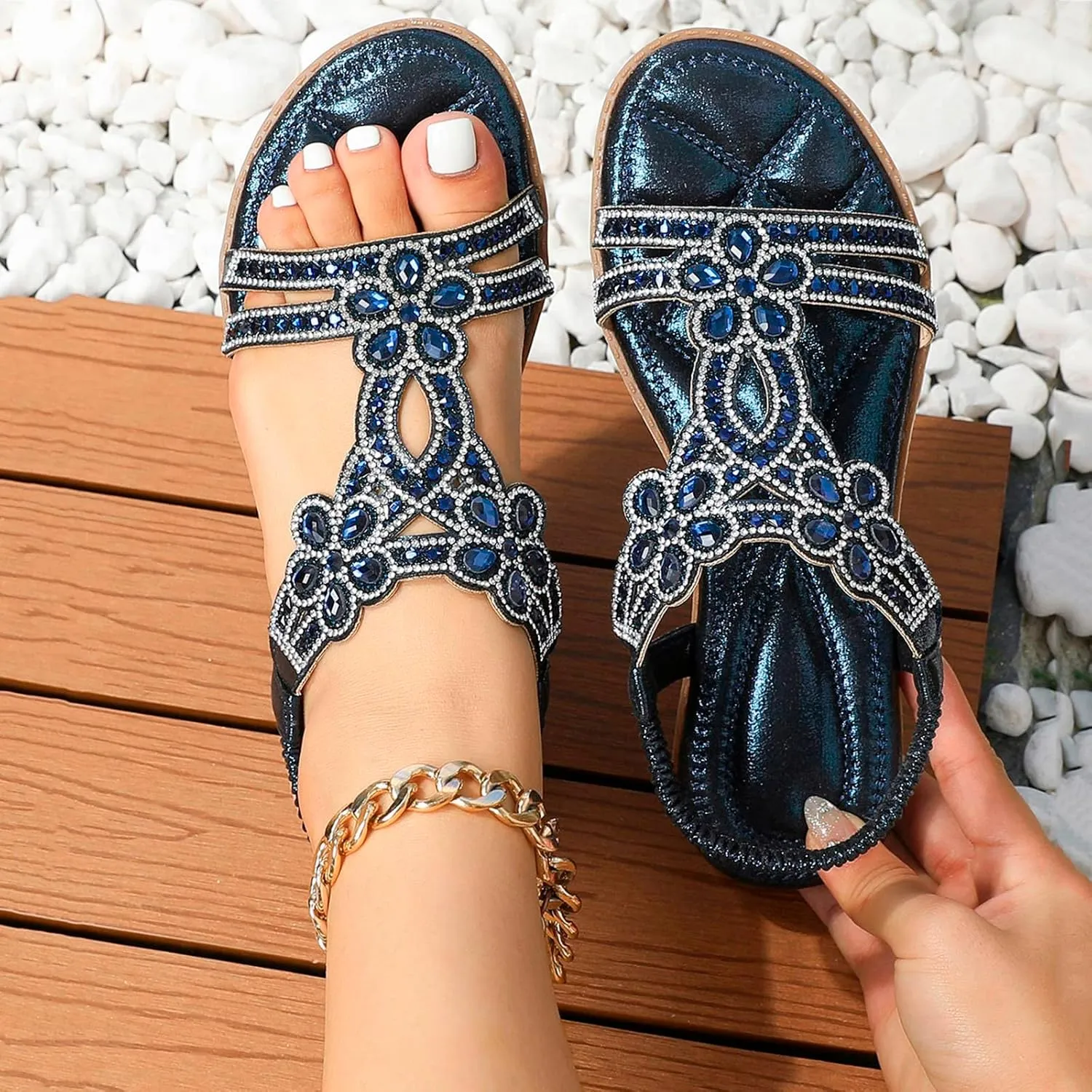 Women's Sandals Bohemia Rhinestone Flat Sandals Summer Beach Casual Sandal Dressy Sparkly Wedding Bride Shoes