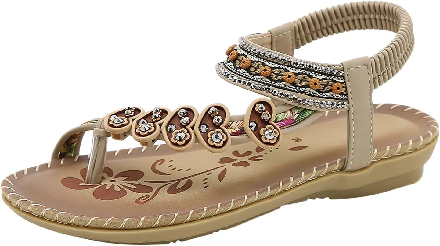 Women's Sandals Summer Beach Casual Sandals Heart Shaped Bohemian Sandal Comfortable Elastic Ankle Strap Flats Shoes