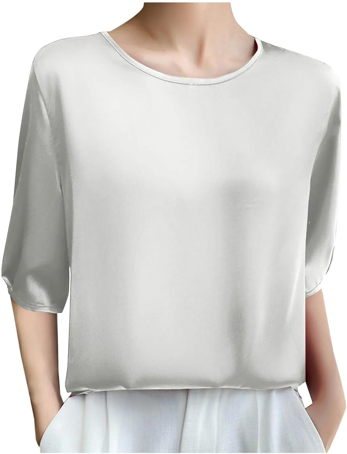 Women's Satin Blouse Dressy Casual 3/4 Sleeve Silk Tops Crewneck Formal Business Office Work Shirt Tee Cute Tshirt