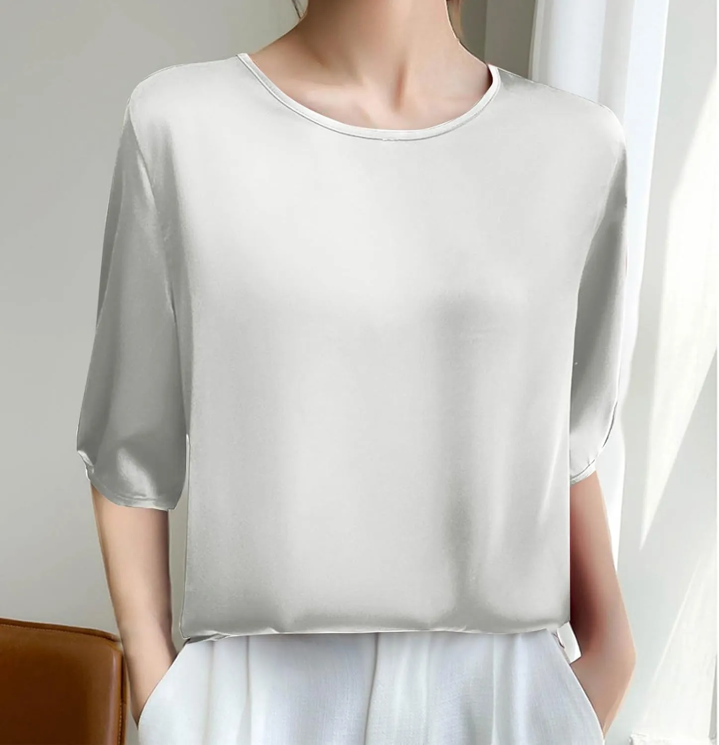 Women's Satin Blouse Dressy Casual 3/4 Sleeve Silk Tops Crewneck Formal Business Office Work Shirt Tee Cute Tshirt