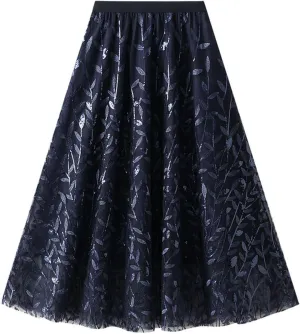 Women's Sequin Embroidered Tulle Skirt High Waist A-Line Tulle Midi Skirts Casual Party Clothes