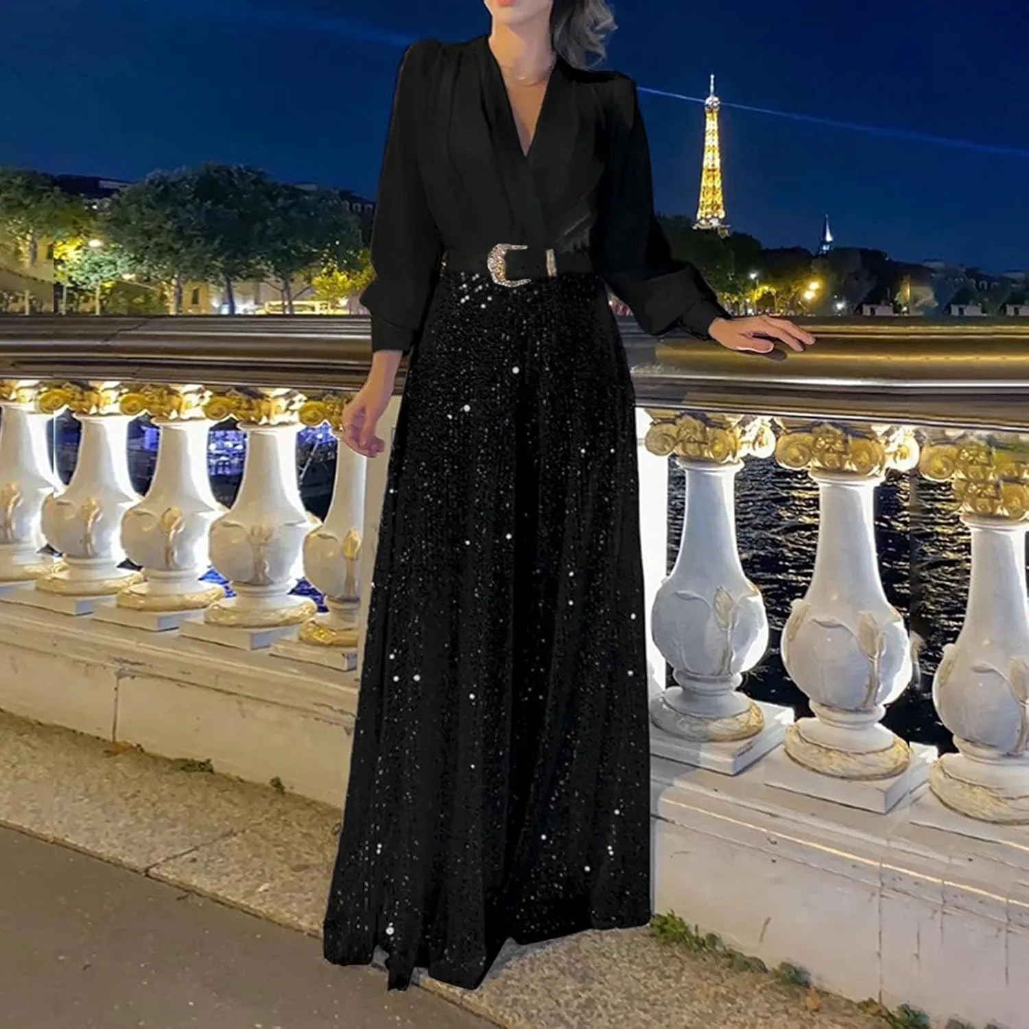 Womens Sequins Jumpsuits Belted High Waisted Wide Leg Trouser Suit Clubwear Long Sleeve V-Neck Party Evening Outfit