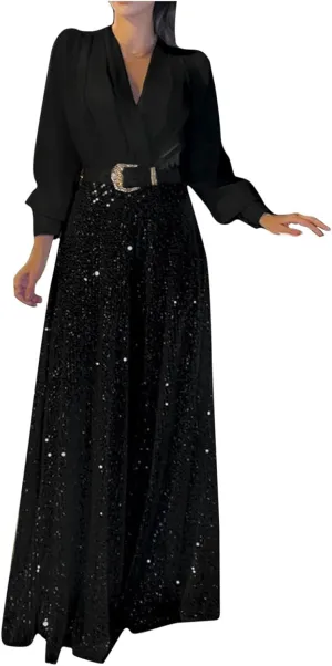 Womens Sequins Jumpsuits Belted High Waisted Wide Leg Trouser Suit Clubwear Long Sleeve V-Neck Party Evening Outfit