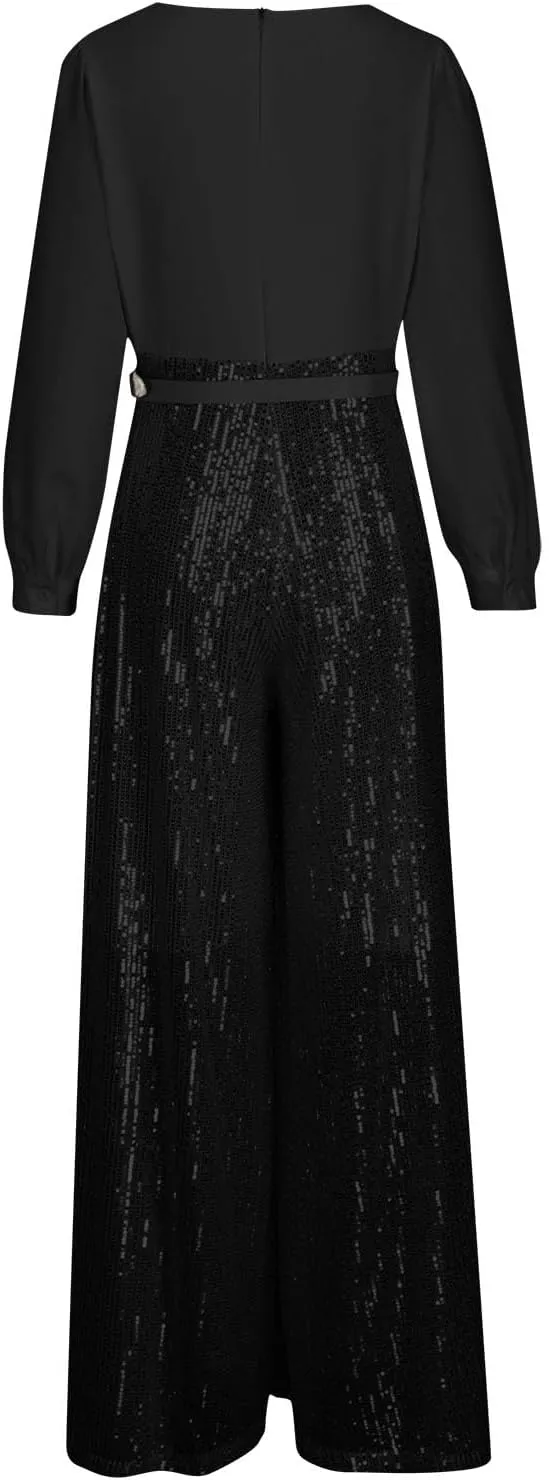 Womens Sequins Jumpsuits Belted High Waisted Wide Leg Trouser Suit Clubwear Long Sleeve V-Neck Party Evening Outfit