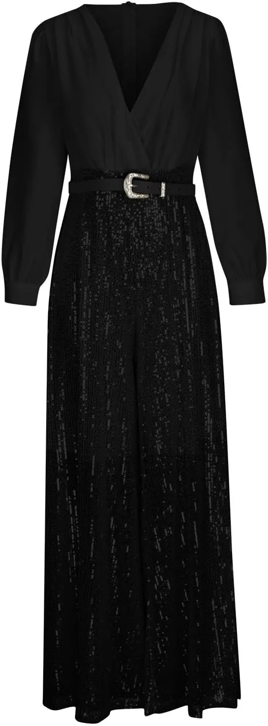 Womens Sequins Jumpsuits Belted High Waisted Wide Leg Trouser Suit Clubwear Long Sleeve V-Neck Party Evening Outfit