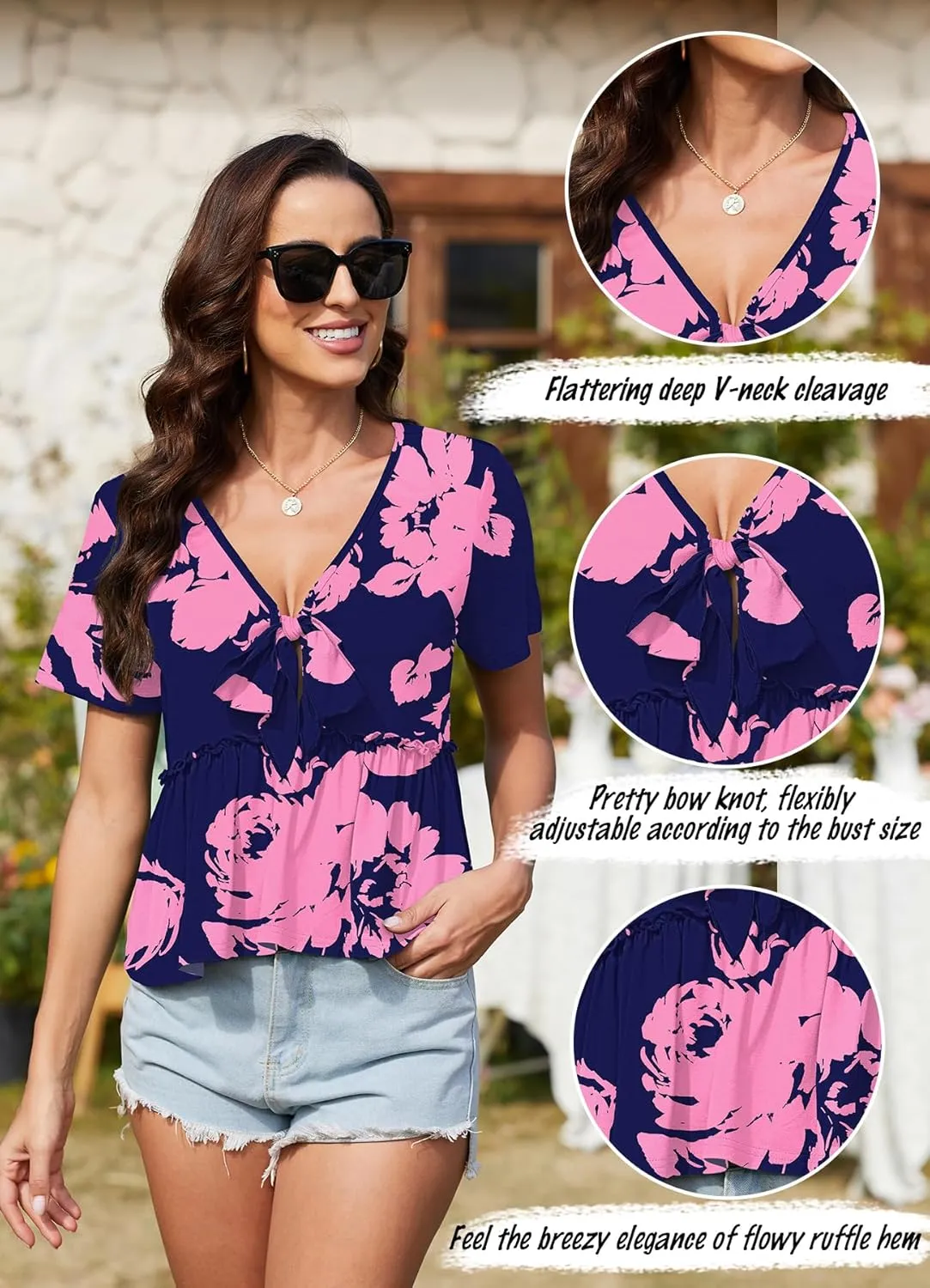 Womens Sexy V Neck Tops Summer Cute Ruffle Shirts Cutout Tie Bow Blouse Short Sleeve Crop Tops