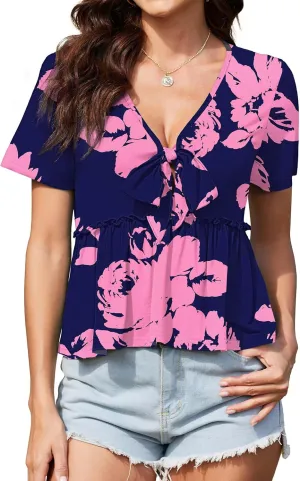 Womens Sexy V Neck Tops Summer Cute Ruffle Shirts Cutout Tie Bow Blouse Short Sleeve Crop Tops