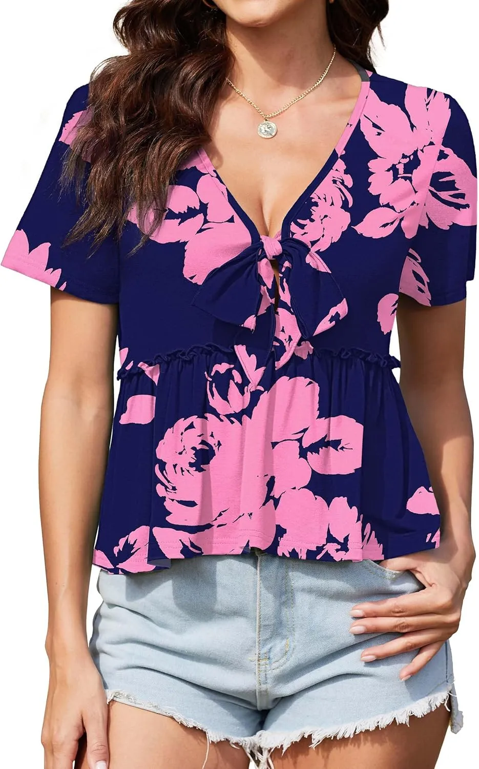Womens Sexy V Neck Tops Summer Cute Ruffle Shirts Cutout Tie Bow Blouse Short Sleeve Crop Tops