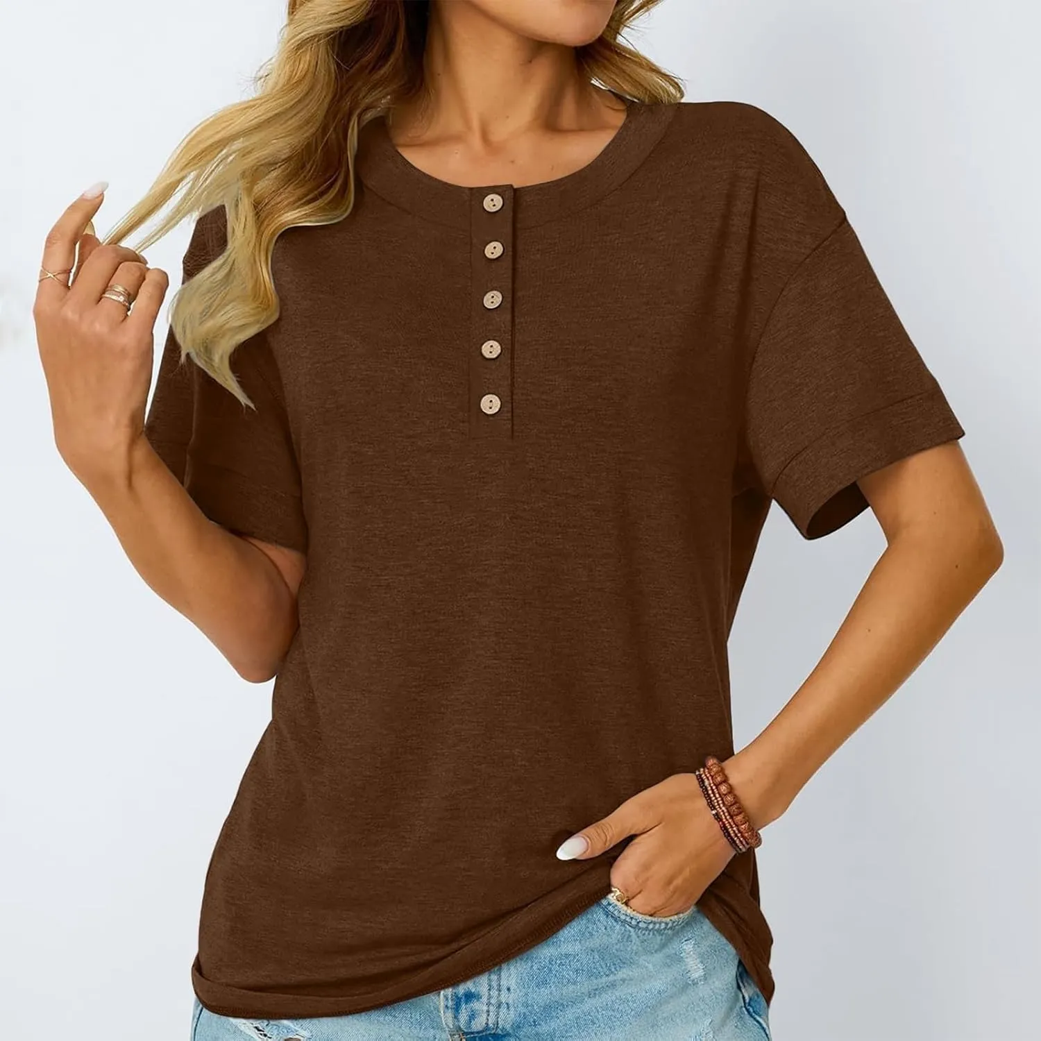 Womens Short Sleeve Henley Shirts Summer Dressy Casual Flowy Tops Loose Fit Basic Trendy Fashion Blouses 2025