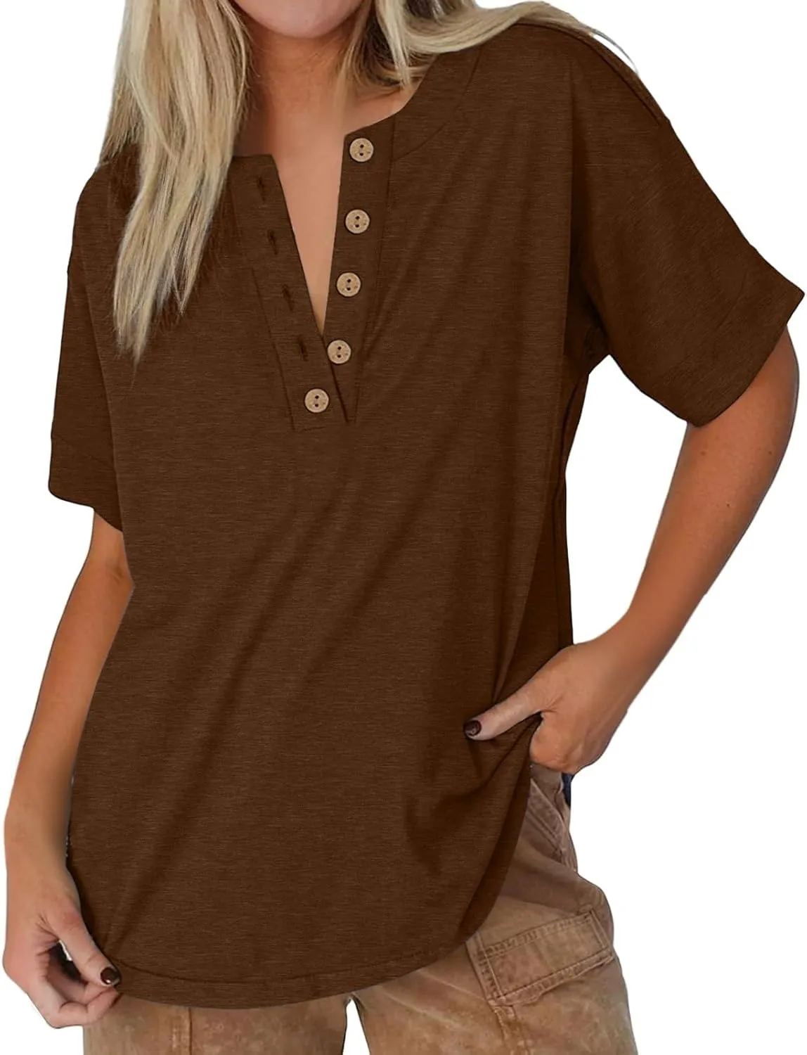 Womens Short Sleeve Henley Shirts Summer Dressy Casual Flowy Tops Loose Fit Basic Trendy Fashion Blouses 2025