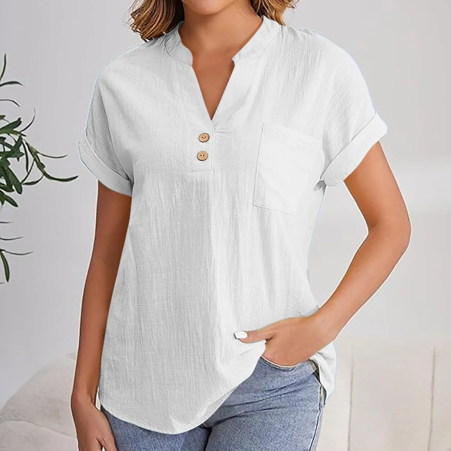 Womens Short Sleeve T-Shirts Summer Cotton Linen Simple Tops Casual Tunic Tee V Neck Basic Workout Clothes Outfits
