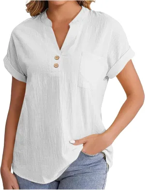 Womens Short Sleeve T-Shirts Summer Cotton Linen Simple Tops Casual Tunic Tee V Neck Basic Workout Clothes Outfits