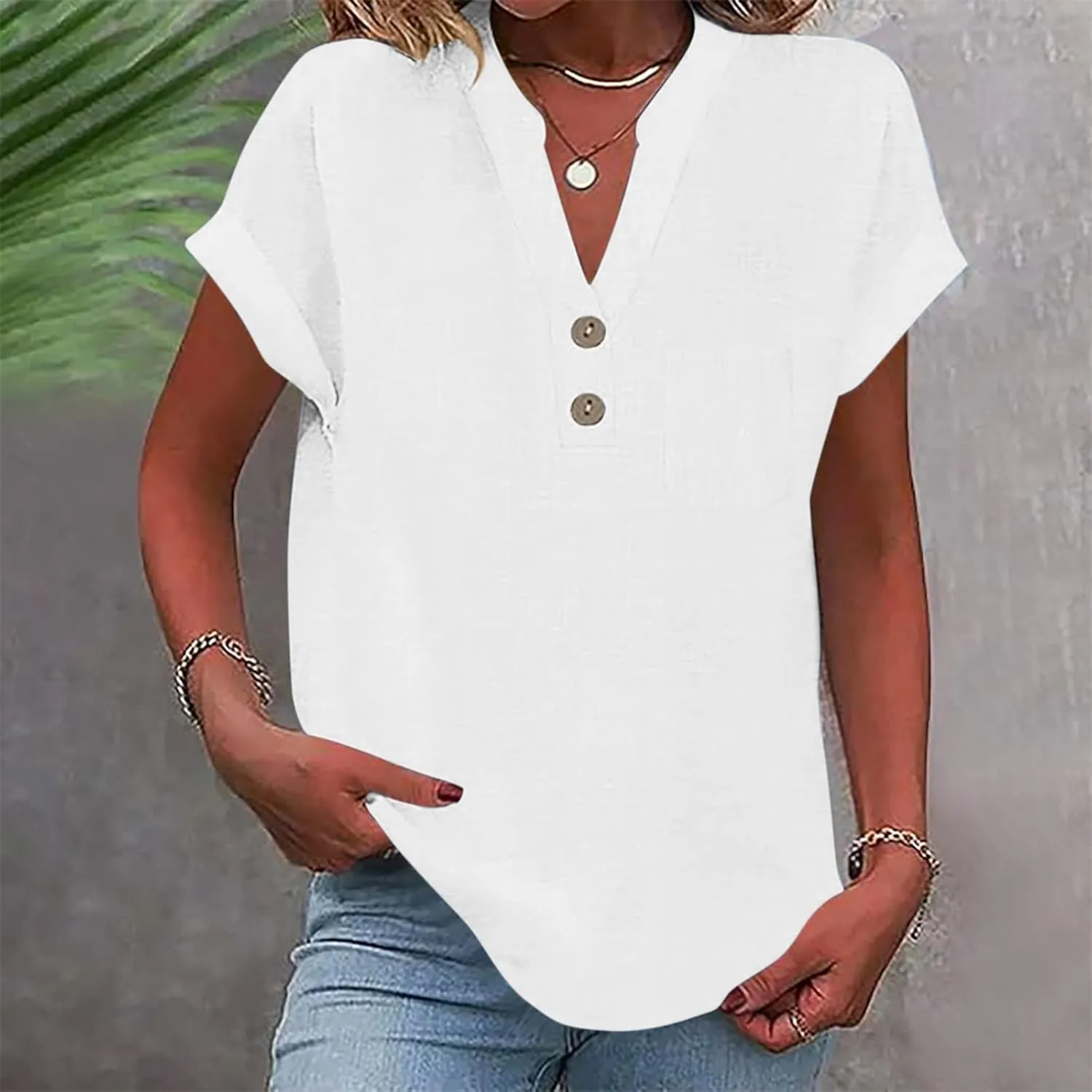 Womens Short Sleeve T-Shirts Summer Cotton Linen Simple Tops Casual Tunic Tee V Neck Basic Workout Clothes Outfits