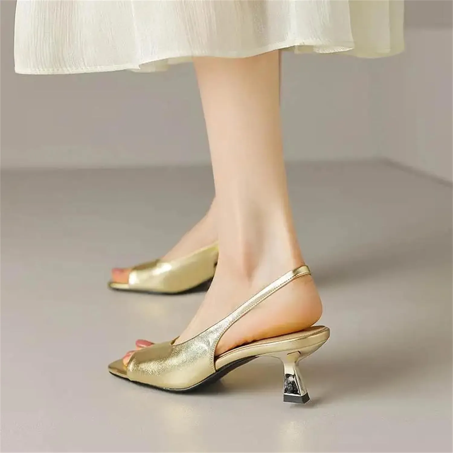 Women's Silver Cow Leather Mules - Peep Toe Thin Heels, Summer Preppy Slingback